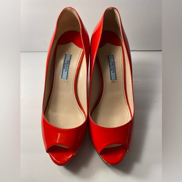 Prada open Toe Pumps Heels wedge platform patent leather red 37 - Picture 3 of 9